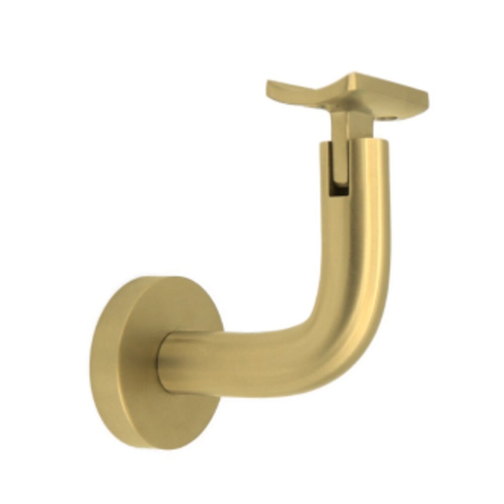Round Mount Base and Rounded Arm with Curve Clamp Glass Mounted Hand Rail Bracket in Satin Brass