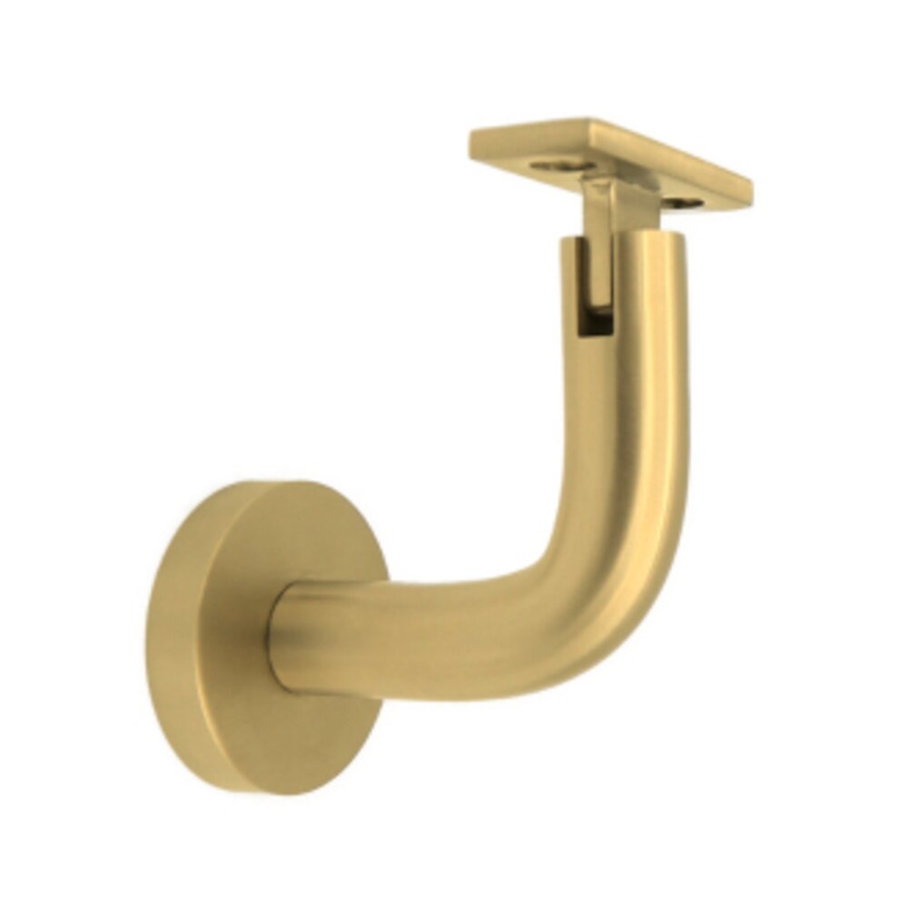 Round Mount Base and Rounded Arm with Flat Clamp Glass Mounted Hand Rail Bracket in Satin Brass
