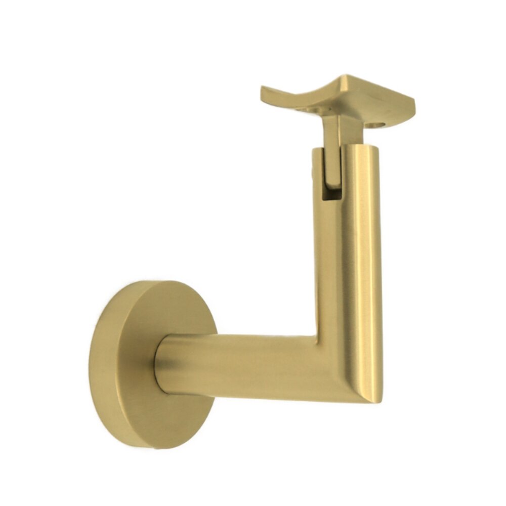 Round Mount Base and Tubular Arm with Curve Clamp Glass Mounted Hand Rail Bracket in Satin Brass