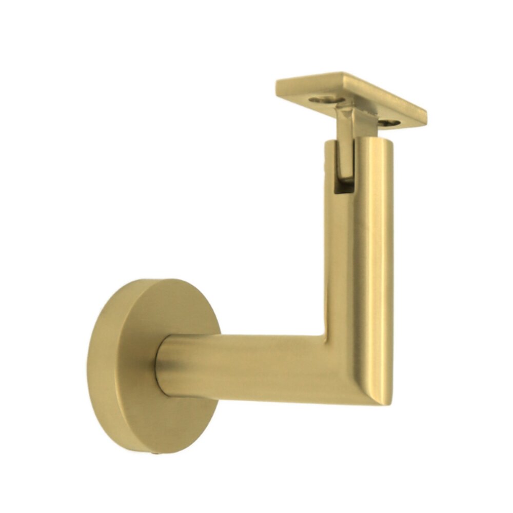Round Mount Base and Tubular Arm with Flat Clamp Glass Mounted Hand Rail Bracket in Satin Brass
