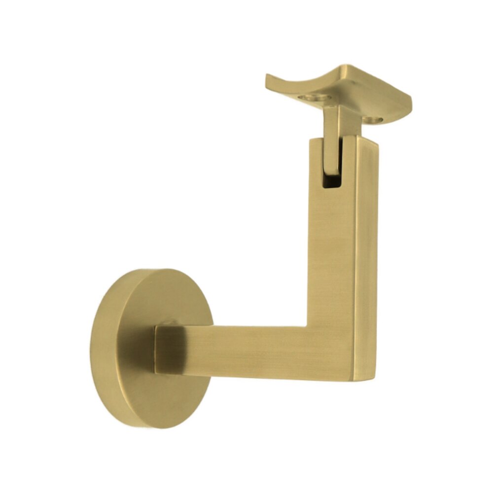 Round Mount Base and Squared Arm with Curve Clamp Concrete Mounted Hand Rail Bracket in Satin Brass