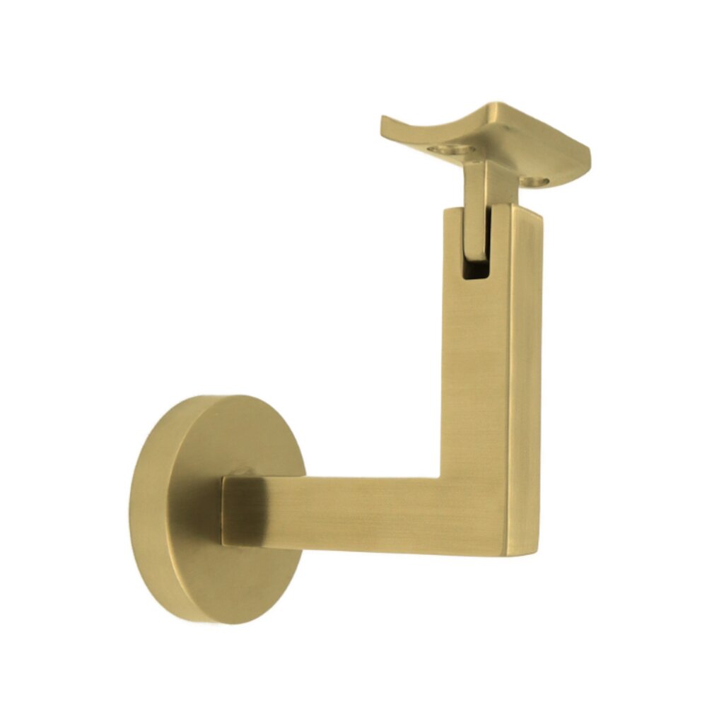 Round Mount Base and Squared Arm with Curve Clamp Glass Mounted Hand Rail Bracket in Satin Brass