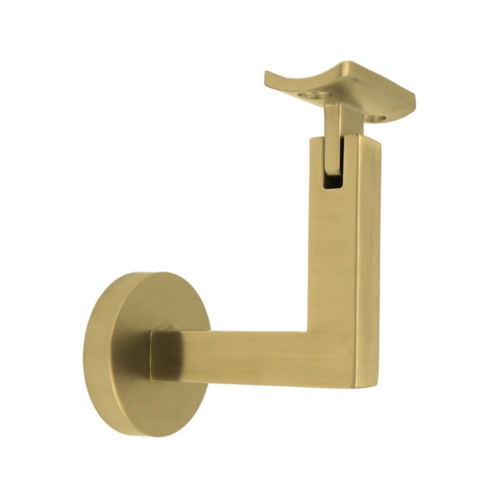 Round Mount Base and Squared Arm with Curve Clamp Surface Mounted Hand Rail Bracket in Satin Brass