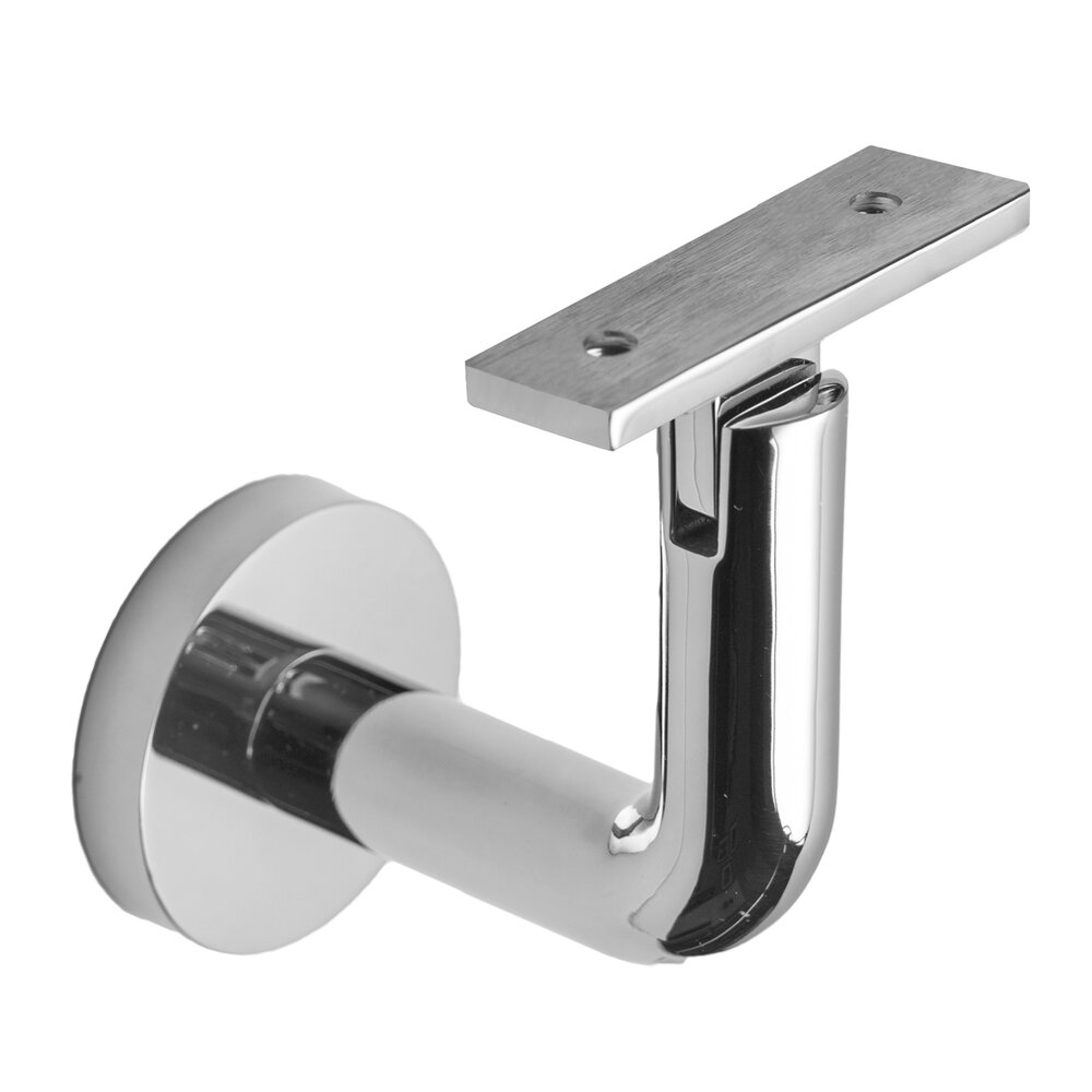 Round Mount Base and Rounded Arm with Flat Clamp Concrete Mounted Hand Rail Bracket in Polished Stainless Steel