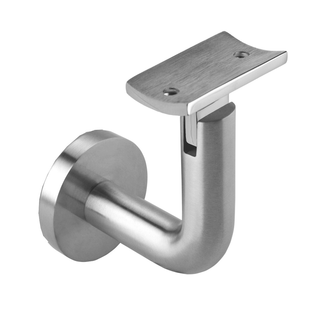 Round Mount Base and Rounded Arm with Curve Clamp Glass Mounted Hand Rail Bracket in Satin Stainless Steel