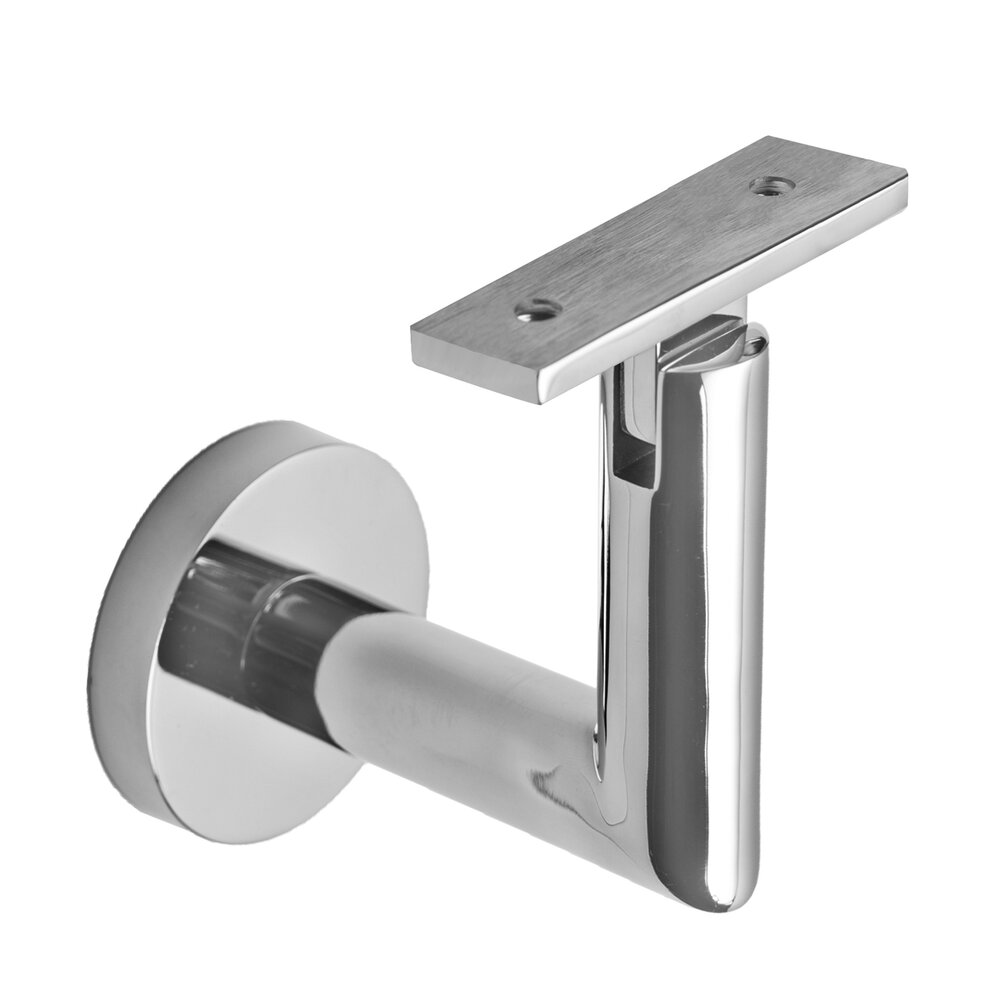 Round Mount Base and Tubular Arm with Flat Clamp Surface Mounted Hand Rail Bracket in Polished Stainless Steel