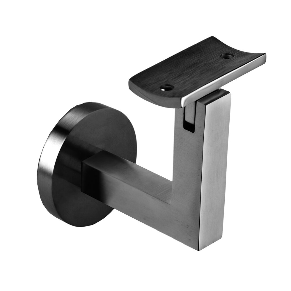 Round Mount Base and Squared Arm with Curve Clamp Glass Mounted Hand Rail Bracket in Satin Stainless Steel