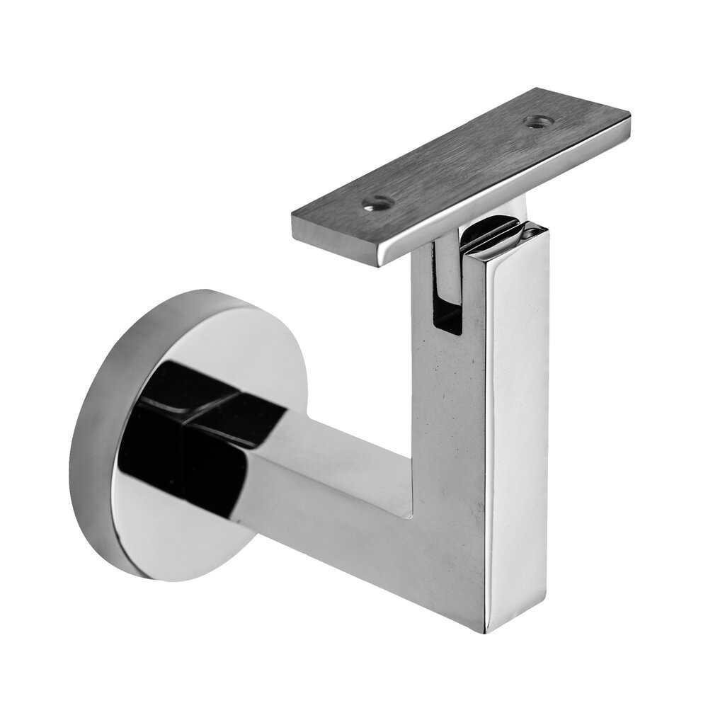 Round Mount Base and Squared Arm with Flat Clamp Glass Mounted Hand Rail Bracket in Polished Stainless Steel