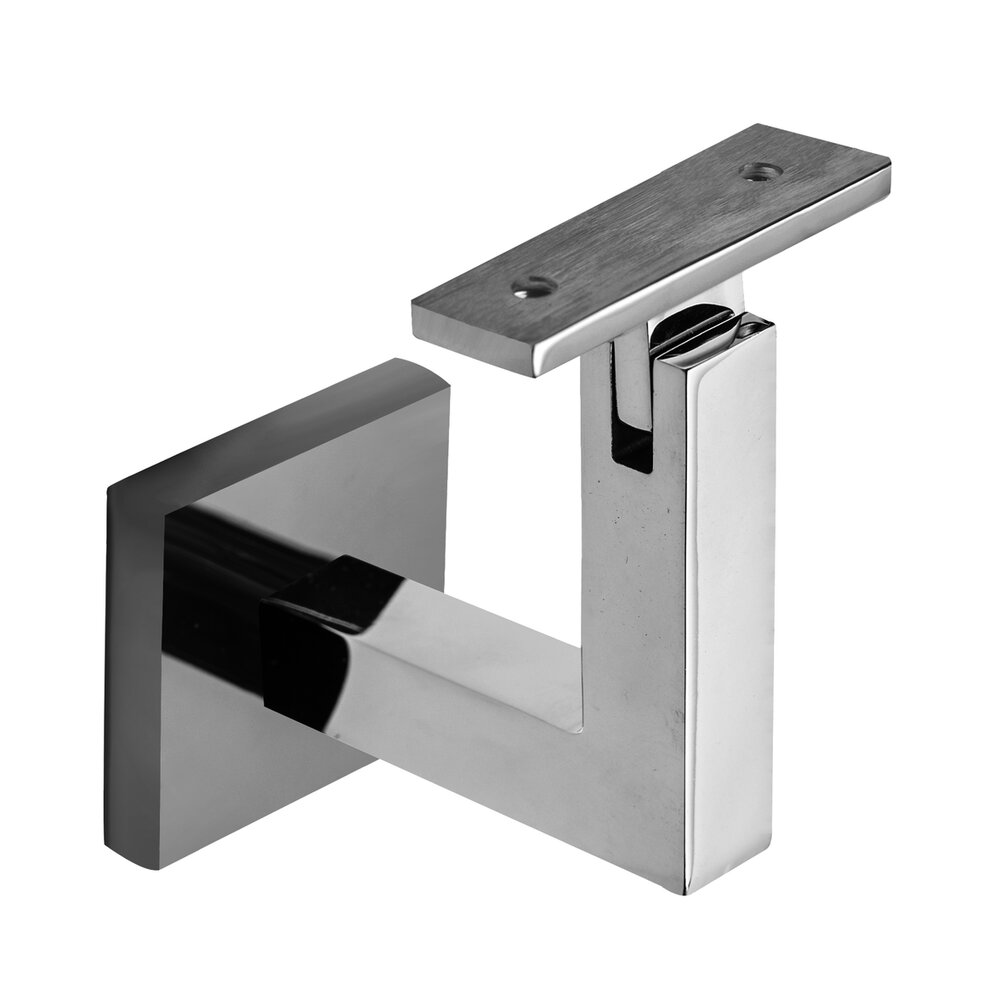 Square Mount Base and Squared Arm with Flat Clamp Glass Mounted Hand Rail Bracket in Polished Stainless Steel