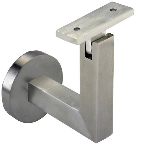 Round Mount Base and Squared Arm with Flat Clamp Concrete Mounted Hand Rail Bracket in Satin Stainless Steel