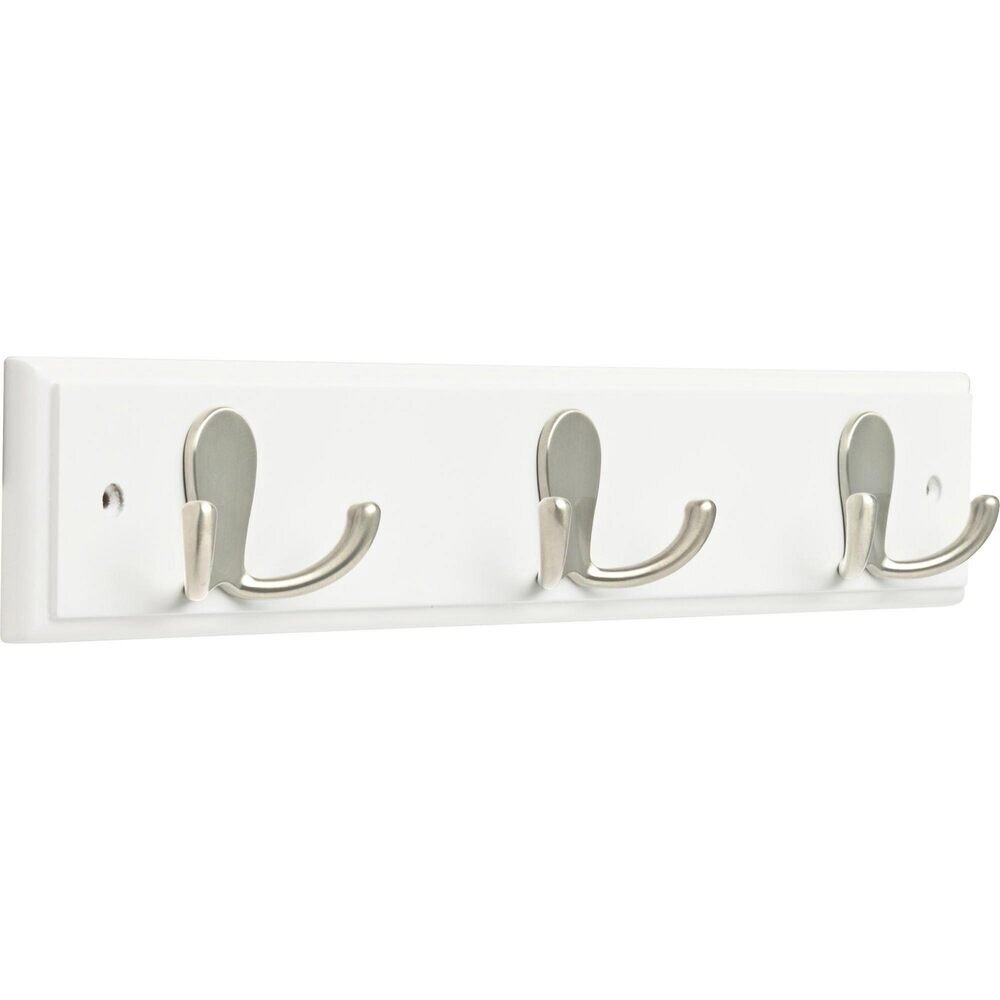 15.85" Rail with 3 Double Prong Robe Hooks in Pure White & Satin Nickel