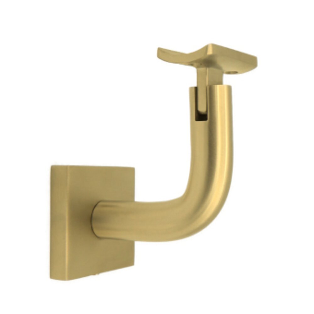 Square Mount Base and Rounded Arm with Curve Clamp Concrete Mounted Hand Rail Bracket in Satin Brass