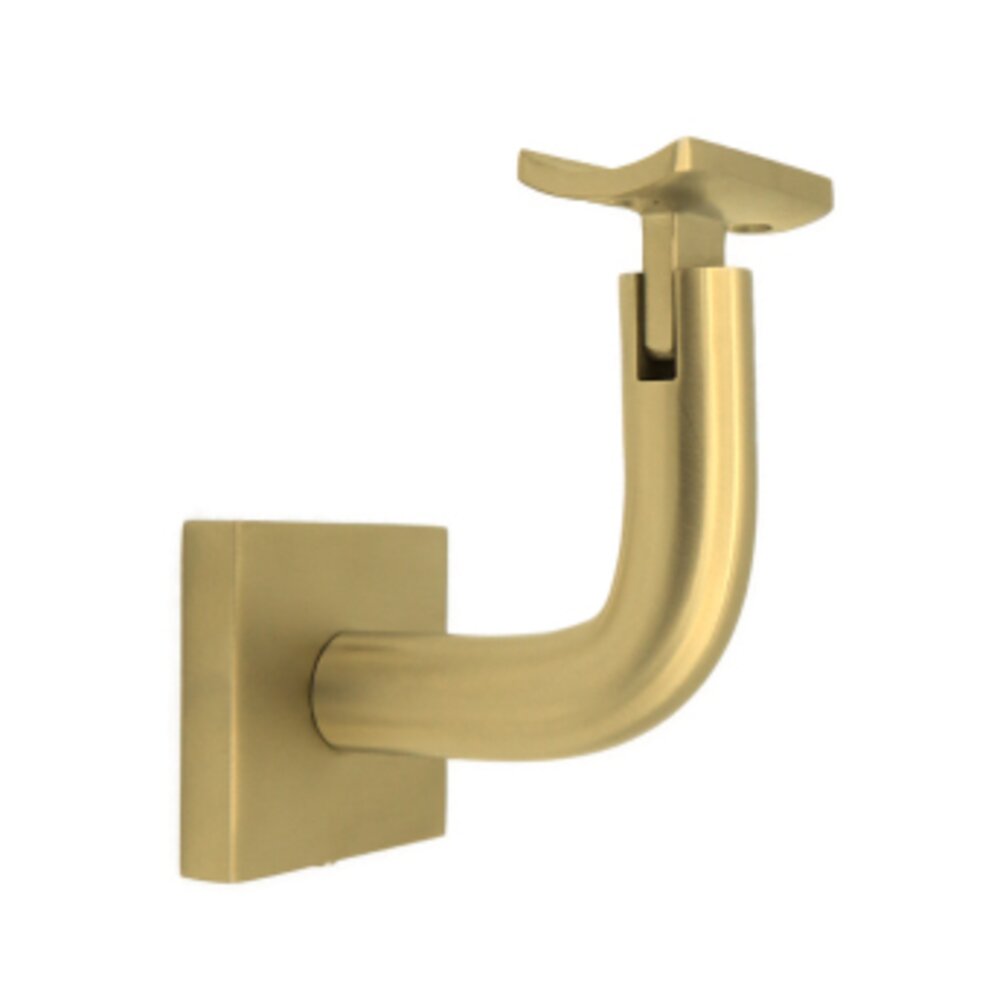 Square Mount Base and Rounded Arm with Curve Clamp Glass Mounted Hand Rail Bracket in Satin Brass