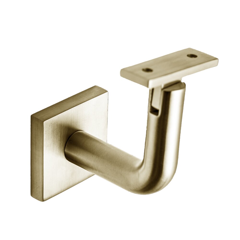 Square Mount Base and Rounded Arm with Flat Clamp Glass Mounted Hand Rail Bracket in Satin Brass