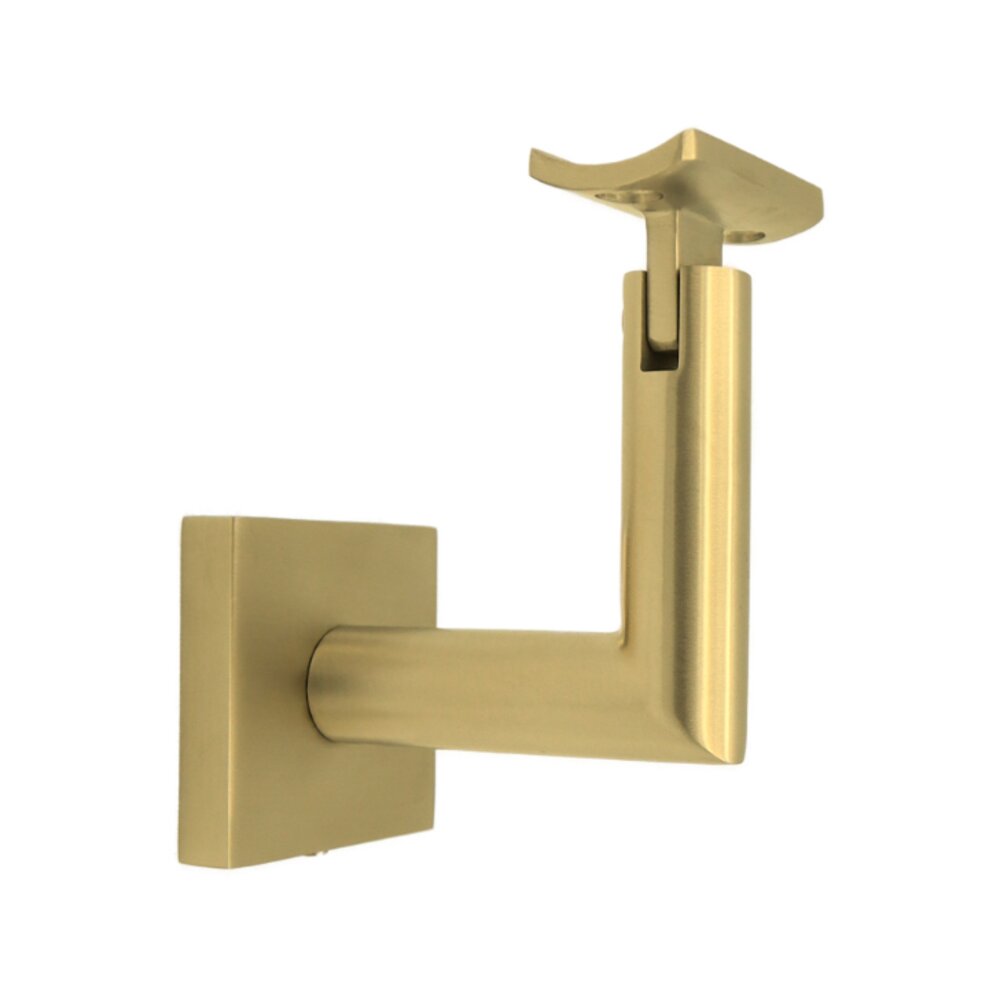 Square Mount Base and Tubular Arm with Curve Clamp Glass Mounted Hand Rail Bracket in Satin Brass