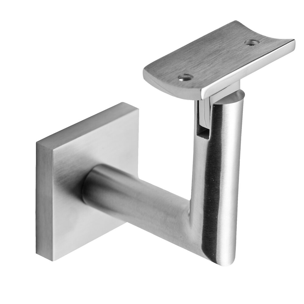 Square Mount Base and Tubular Arm with Curve Clamp Glass Mounted Hand Rail Bracket in Satin Stainless Steel